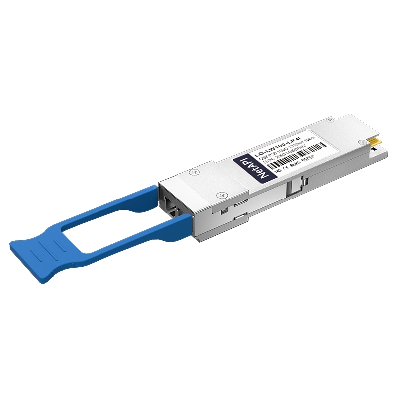 NetAPI 100G QSFP28 transceiver showing MPO-12 connector