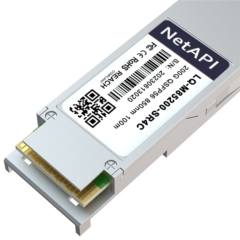 NetAPI 200G QSFP56 transceiver showing MPO-12 connector